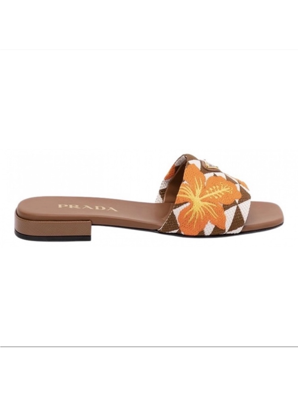 PRADA Triangle logo floral leather slides sandals slippers